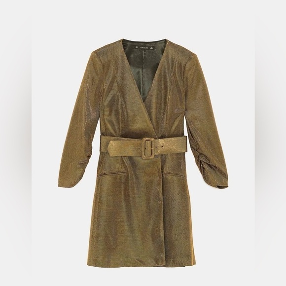 ZARA WRAP STYLE GOLD BELTED METALLIC THREAD BLAZER DRESS V NECK S - Picture 5 of 8